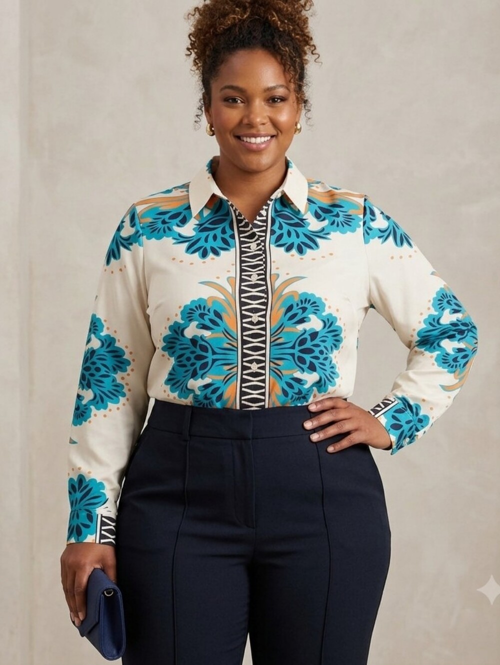 Sweet‎ Rain Plus Size Silky Style Long Sleeve Button Down 100% Polyester Shirt
